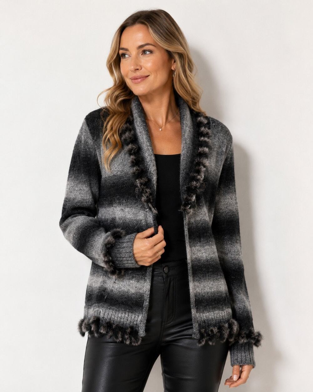 Alberto Makali Womens Cardigan Sweater Size L Rabbit Fur Trim Fairy Grunge Black